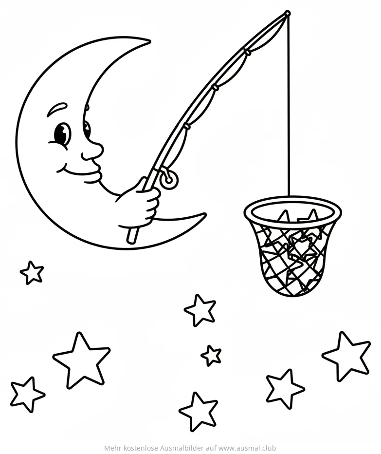 Mond angelt Sterne Ausmalbild