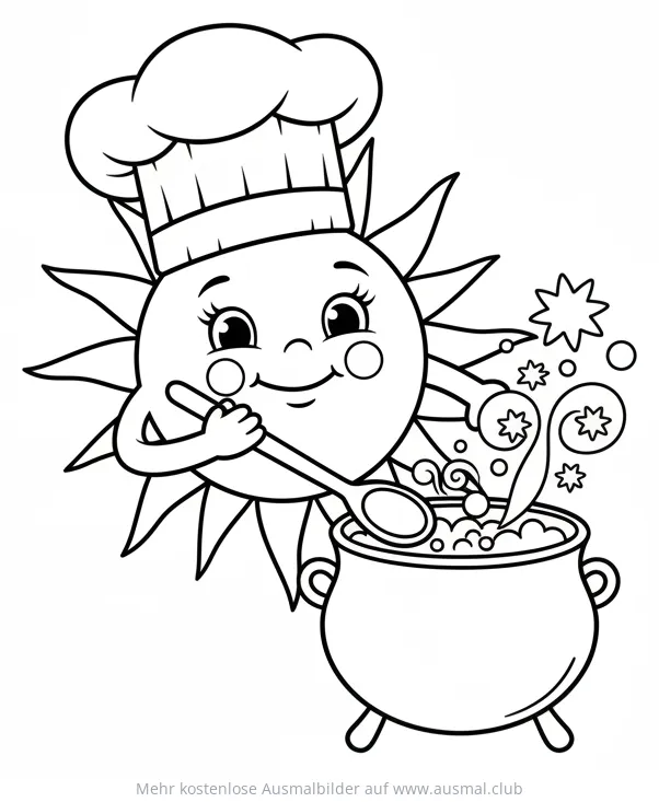 Sonne kocht mit Kochmütze Ausmalbild