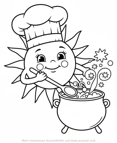 Sonne kocht mit Kochmütze Ausmalbild