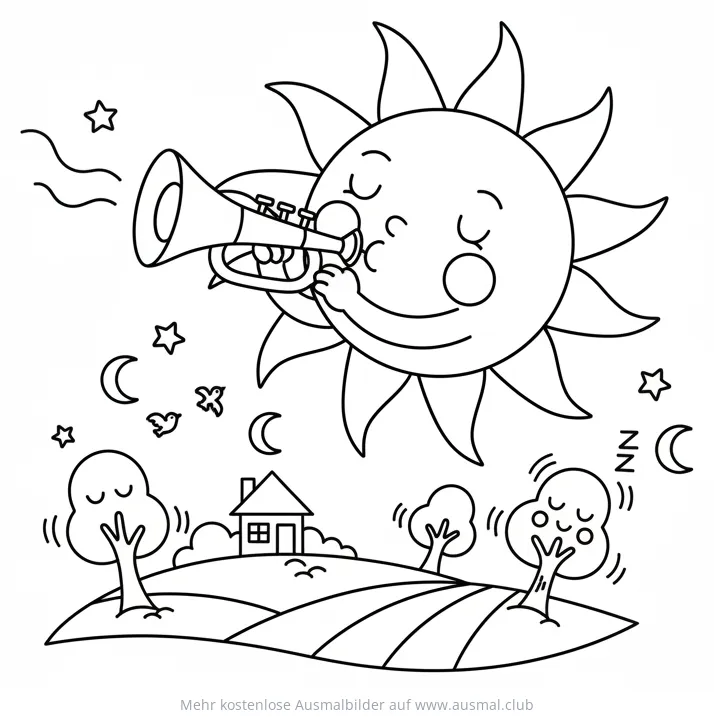 Sonne spielt Trompete Ausmalbild mit Landschaft