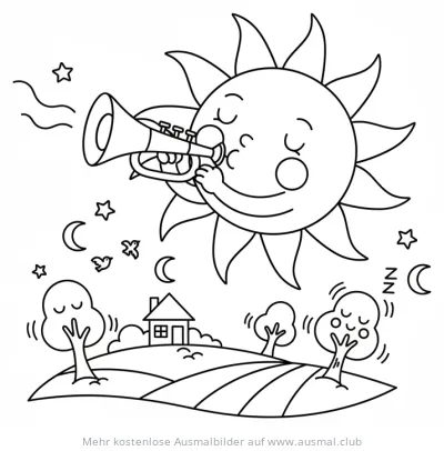 Sonne spielt Trompete Ausmalbild mit Landschaft