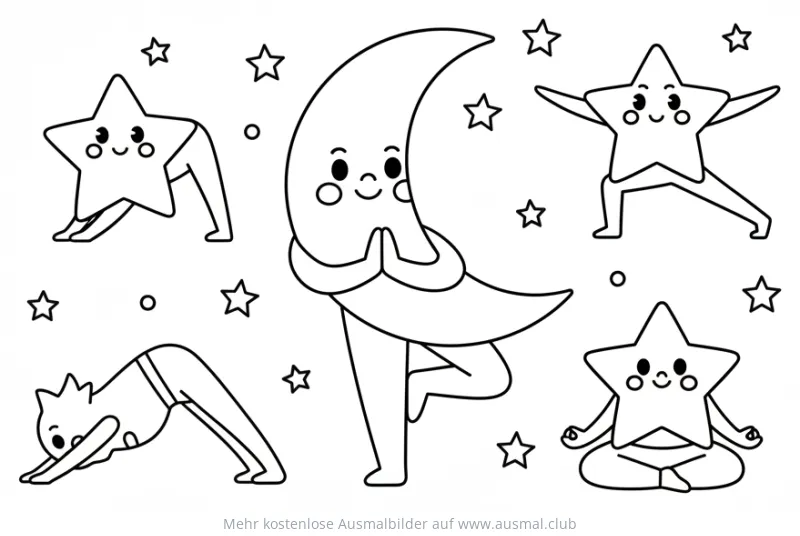Sonne, Mond und Sterne beim Yoga Ausmalbild
