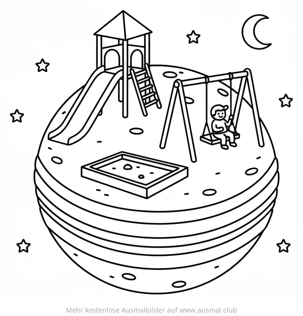 Spielplatz im Weltall Ausmalbild mit Rutsche, Schaukel und Sandkasten