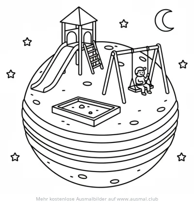 Spielplatz im Weltall Ausmalbild mit Rutsche, Schaukel und Sandkasten