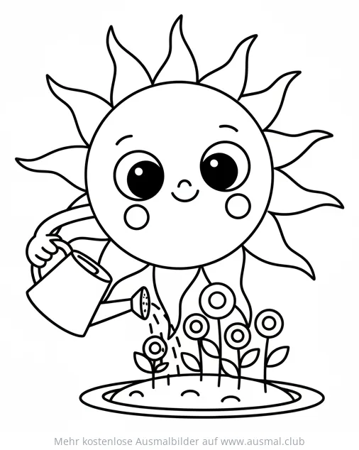 Freundliche Sonne gießt Blumen Ausmalbild