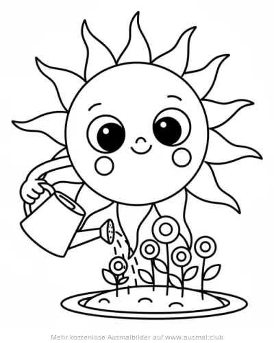 Freundliche Sonne gießt Blumen Ausmalbild