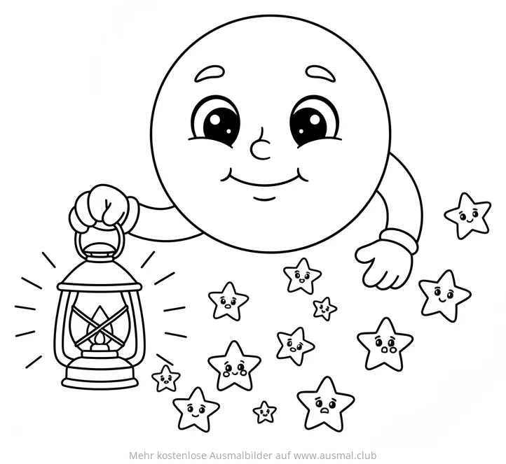 Mond mit Laterne und Sternen Ausmalbild