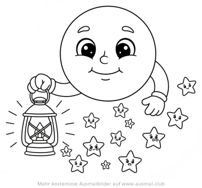 Mond mit Laterne und Sternen Ausmalbild