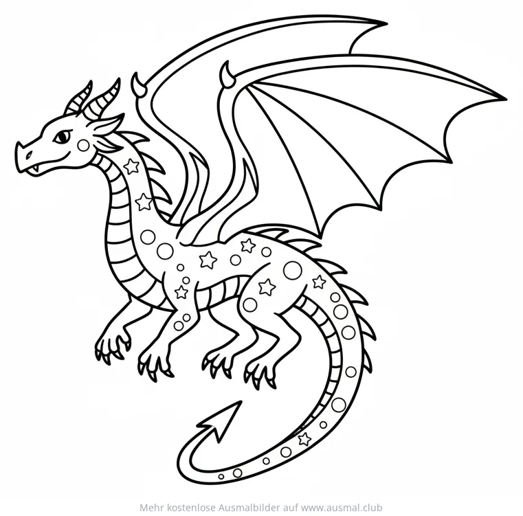 Drache Ausmalbild mit Sternen und Kreisen