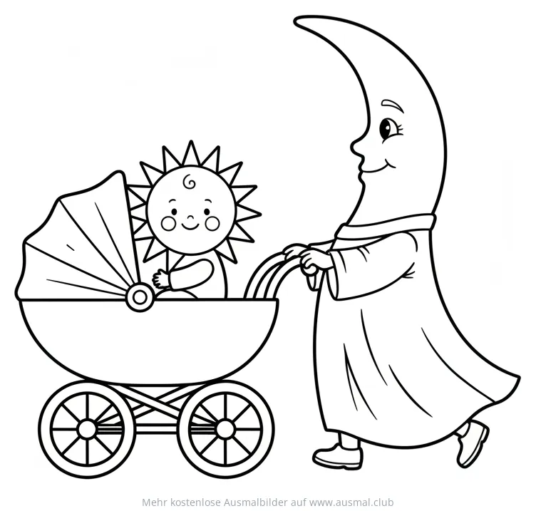 Mondsichel schiebt Kinderwagen mit Babysonne Ausmalbild