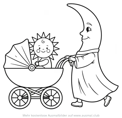 Mondsichel schiebt Kinderwagen mit Babysonne Ausmalbild