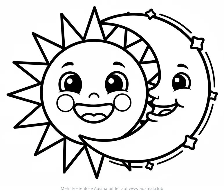 Sonne und Mond Ausmalbild mit freundlichen Gesichtern