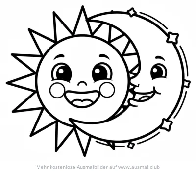 Sonne und Mond Ausmalbild mit freundlichen Gesichtern