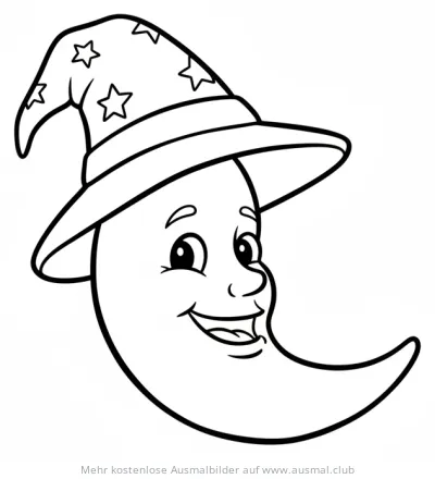Mond mit Zaubererhut Ausmalbild