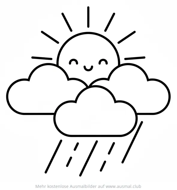 Sonne mit Wolken und Regen Ausmalbild