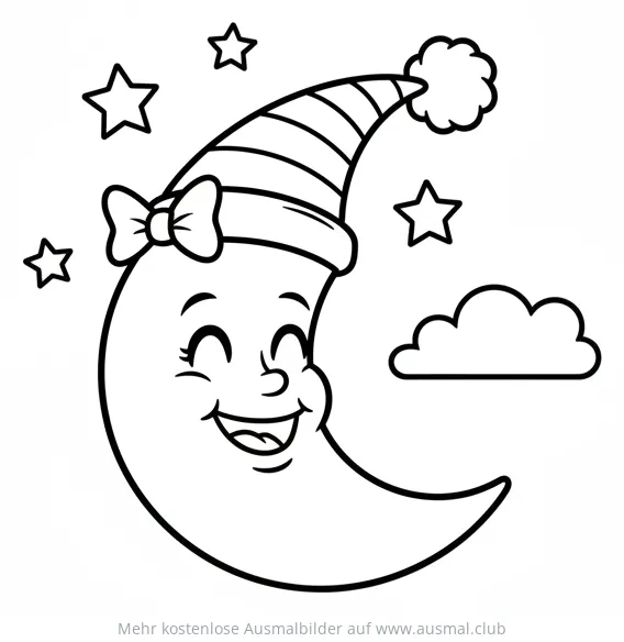 Mond mit Schlafmütze Ausmalbild, Sterne und Wolke