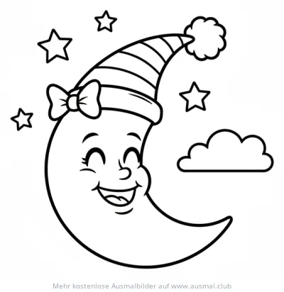 Mond mit Schlafmütze Ausmalbild, Sterne und Wolke