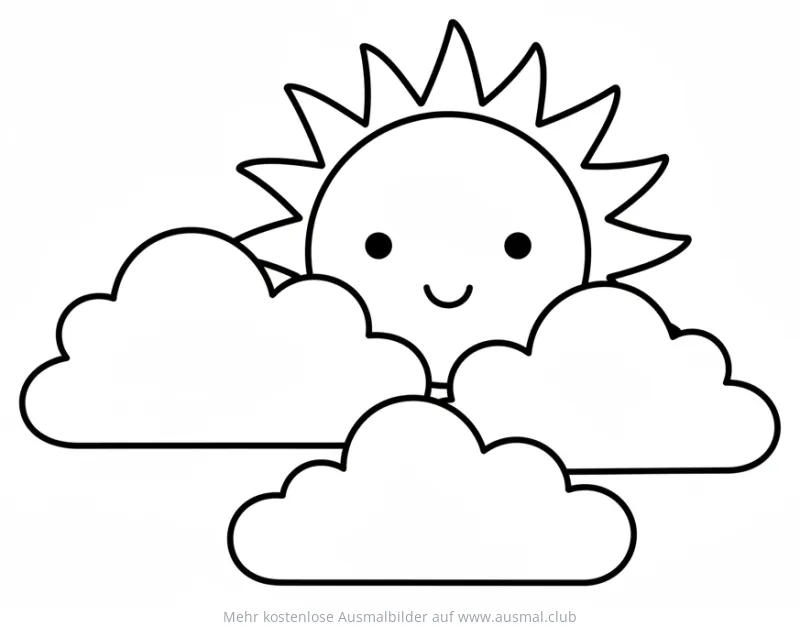 Sonne hinter Wolken Ausmalbild mit freundlichem Gesicht