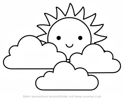 Sonne hinter Wolken Ausmalbild mit freundlichem Gesicht