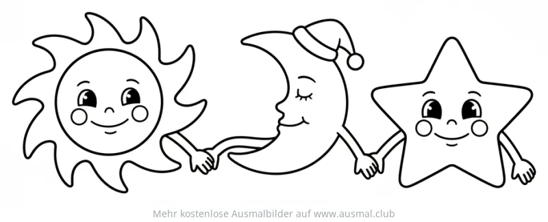 Sonne, Mond und Stern halten Hände Ausmalbild