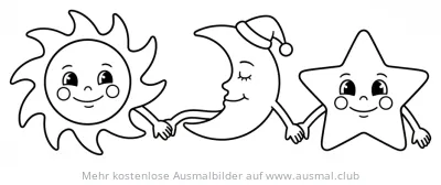 Sonne, Mond und Stern halten Hände Ausmalbild