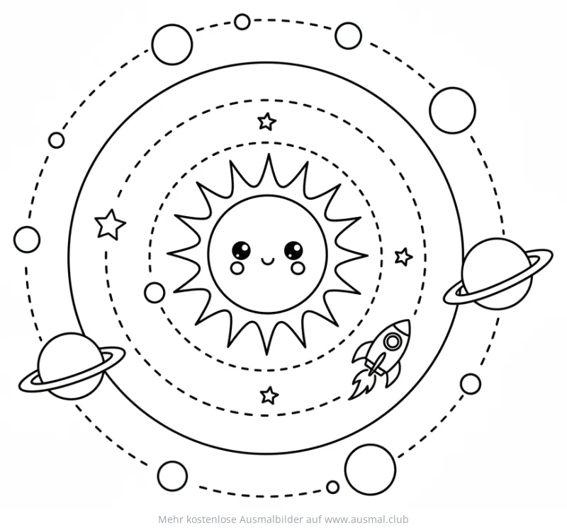 Sonnensystem Ausmalbild mit Sonne, Planeten, Sternen und Rakete