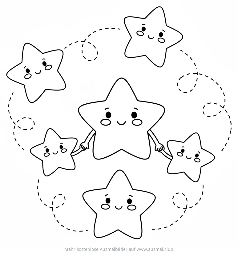 Freundliche Sterne Ausmalbild mit Händchen haltenden Sternen