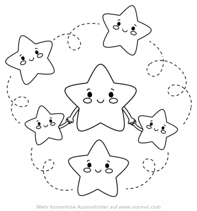 Freundliche Sterne Ausmalbild mit Händchen haltenden Sternen
