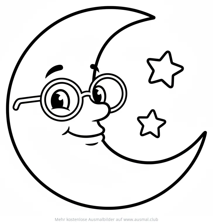 Mond mit Brille und Sterne Ausmalbild