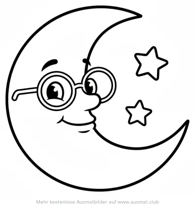 Mond mit Brille und Sterne Ausmalbild