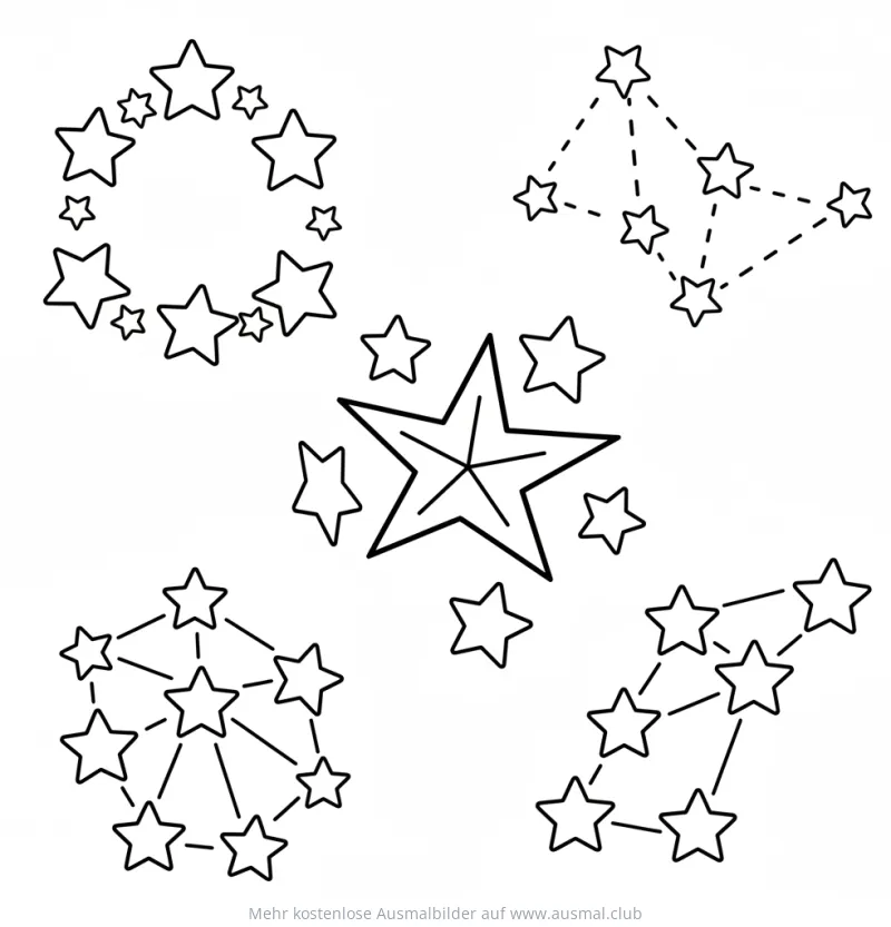 Sterne Ausmalbild mit verschiedenen Sternenmustern