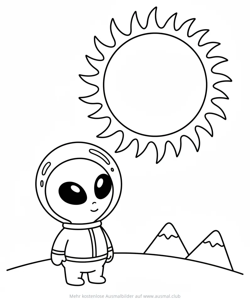 Alien mit Raumanzug und Sonne Ausmalbild