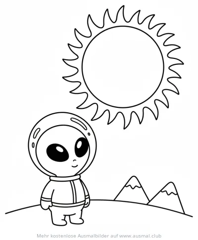 Alien mit Raumanzug und Sonne Ausmalbild