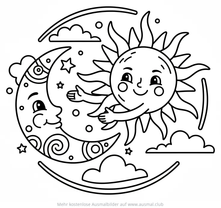 Sonne und Mond reichen sich die Hände, Ausmalbild