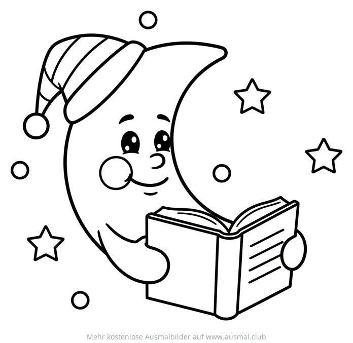 Mond mit Schlafmuetze liest ein Buch Ausmalbild