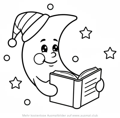 Mond mit Schlafmuetze liest ein Buch Ausmalbild