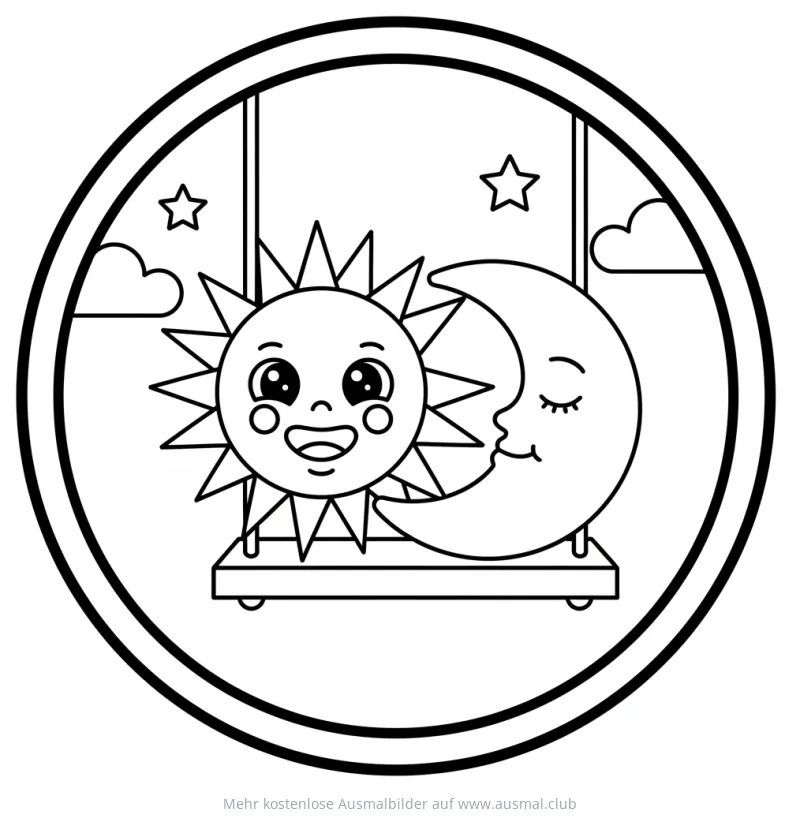 Sonne und Mond auf Schaukel Ausmalbild
