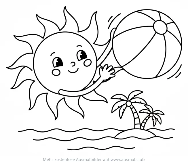 Sonne mit Ball am Strand Ausmalbild