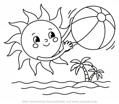 Sonne mit Ball am Strand Ausmalbild