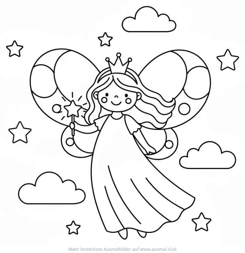 Mondfee mit Krone und Zauberstab zwischen Sternen und Wolken Ausmalbild