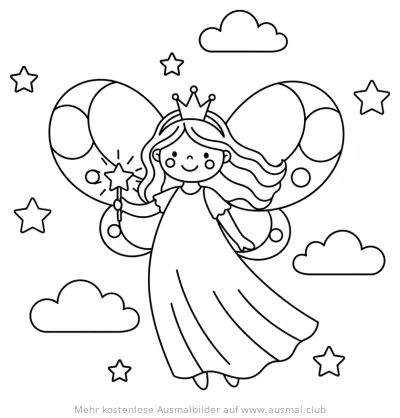 Mondfee mit Krone und Zauberstab zwischen Sternen und Wolken Ausmalbild