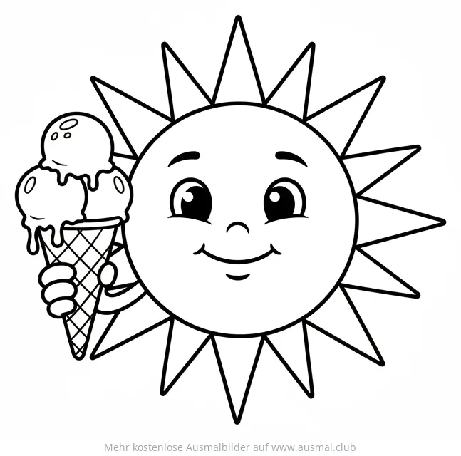 Freundliche Sonne hält ein Eis Ausmalbild