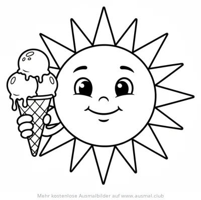 Freundliche Sonne hält ein Eis Ausmalbild