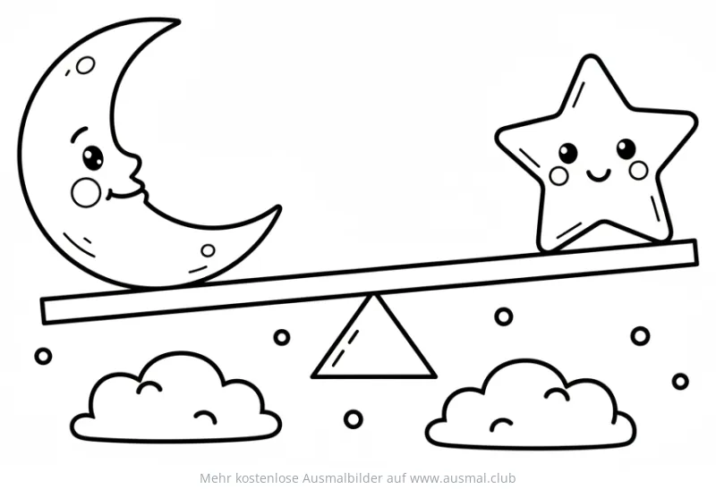 Mond und Stern auf Wippe Ausmalbild