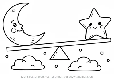 Mond und Stern auf Wippe Ausmalbild