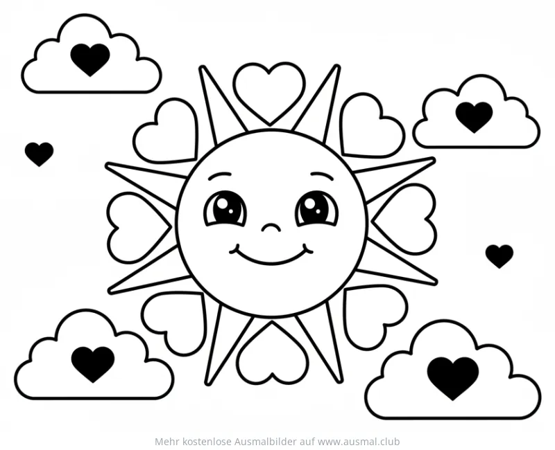 Freundliche Sonne mit Herzstrahlen und Wolken mit Herzen Ausmalbild