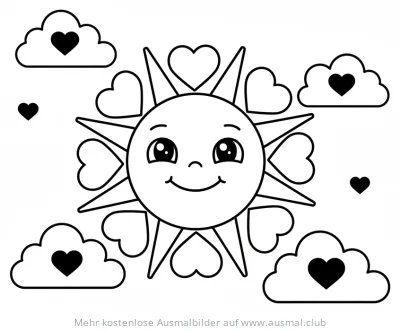 Freundliche Sonne mit Herzstrahlen und Wolken mit Herzen Ausmalbild