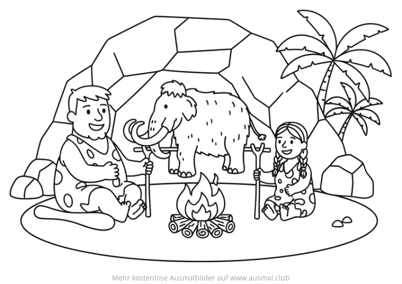 Steinzeit Familie brät Mammut am Lagerfeuer Ausmalbild