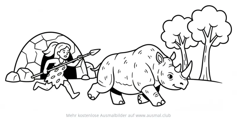Steinzeitfrau jagt Nashorn Ausmalbild
