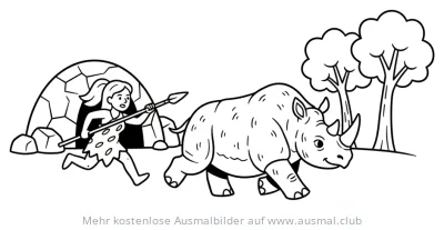 Steinzeitfrau jagt Nashorn Ausmalbild